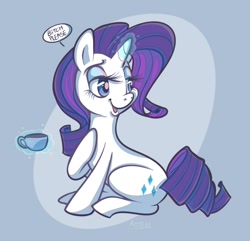 Size: 800x770 | Tagged: safe, artist:vaporotem, rarity, pony, unicorn, bitch please, cup, dialogue, drink, looking back, magic, sitting, solo, tea, teacup, vulgar