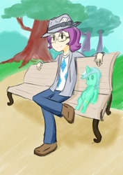 Size: 620x876 | Tagged: safe, lyra heartstrings, rarity, /mlp/, 4chan, bench, brony, brony stereotype, humanized, lyra plushie, meta, mlp tan