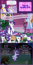 Size: 800x1590 | Tagged: safe, artist:voodoo-tiki, rarity, sweetie belle, pony, unicorn, hearts and hooves day (episode), abuse, bathrobe, clothes, comic, female, forest, hearts and hooves day, hub logo, implied fluttershy, implied twilight sparkle, implied zecora, red eyes, robe, rope, sisters, suspended, sweetiebuse, upside down