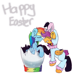 Size: 944x1000 | Tagged: safe, artist:redheadfly, derpibooru import, rainbow dash, scootaloo, pegasus, pony, animal costume, bunny costume, clothes, costume, easter, easter bunny, easter egg, eyes closed, female, filly, lesbian, mare, scootadash, shipping, smiling