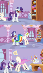 Size: 1637x2722 | Tagged: safe, opalescence, rarity, sweetie belle, pony, unicorn, fabric, glasses, mannequin, pony in a bottle, ponyquin, stuck, sweetiebuse