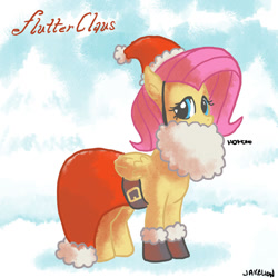 Size: 800x800 | Tagged: safe, artist:docwario, fluttershy, pegasus, pony, christmas, clothes, costume, fake beard, hat, santa beard, santa hat, snow, solo