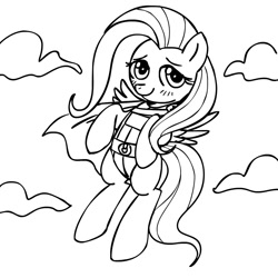 Size: 945x945 | Tagged: safe, artist:166, artist:megasweet, fluttershy, pegasus, pony, black and white, crossover, dc comics, grayscale, lineart, monochrome, power girl, solo