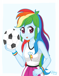 Size: 1112x1424 | Tagged: safe, artist:lovelygirlmusicer, derpibooru import, rainbow dash, equestria girls, ball, clothes, cute, dashabetes, female, moe, open mouth, skirt, solo