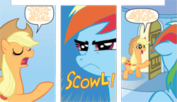 Size: 833x479 | Tagged: safe, artist:tonyfleecs, derpibooru import, edit, idw, applejack, rainbow dash, earth pony, pegasus, pony, appletroll, comic, text edit