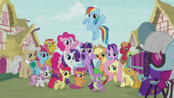 Size: 1280x720 | Tagged: safe, derpibooru import, screencap, apple bloom, applejack, big macintosh, carrot cake, cup cake, fluttershy, granny smith, mayor mare, photo finish, pinkie pie, rainbow dash, rarity, scootaloo, snails, snips, spike, starlight glimmer, sweetie belle, twilight sparkle, twilight sparkle (alicorn), alicorn, dragon, earth pony, pegasus, pony, unicorn, season 7, spoiler:s07, camera, colt, male, theme song