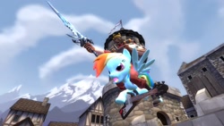 Size: 1920x1080 | Tagged: safe, artist:earthquake87, derpibooru import, rainbow dash, pegasus, pony, 3d, castle, charging, crown, demoman, flying v, frostmourne, gmod, guitar, jewelry, metal, regalia, splendid screen, team fortress 2, warcraft, world of warcraft