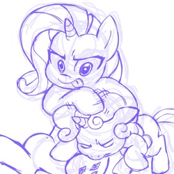 Size: 945x945 | Tagged: safe, artist:megasweet, rarity, sweetie belle, pony, unicorn, monochrome, noogie, sisters