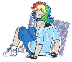 Size: 1009x869 | Tagged: safe, artist:kikirdcz, derpibooru import, rainbow dash, human, abstract background, bandaid, clothes, converse, ear piercing, earring, fingerless gloves, gloves, grin, humanized, jacket, jewelry, looking at you, multicolored hair, piercing, rear view, shoes, sitting, smiling, sneakers, solo, tattoo