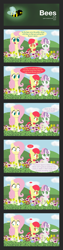 Size: 1280x5120 | Tagged: safe, artist:dtcx97, apple bloom, fluttershy, sweetie belle, bee, earth pony, pegasus, pony, unicorn, bow, comic, female, filly, flower, foal, hair bow, hooves, horn, lineless, mare, open mouth, post-crusade, wings