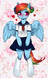 Size: 800x1300 | Tagged: safe, artist:xarakayx, rainbow dash, pegasus, pony, semi-anthro, alternate hairstyle, awkwardrainbowdash, clothes, cute, dashabetes, heart, school uniform, short hair, short mane, skirt, socks, solo