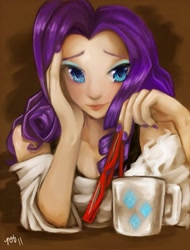 Size: 761x1000 | Tagged: safe, artist:dozer, rarity, coffee mug, glasses, humanized, solo