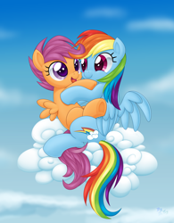Size: 3190x4100 | Tagged: safe, artist:lordyanyu, rainbow dash, scootaloo, pegasus, pony, best sisters, carrying, cloud, cute, cutealoo, dashabetes, duo, female, filly, folded wings, happy, hug, mare, open mouth, puffy cheeks, scootalove, sisters, sky, smiling, spread wings, underhoof
