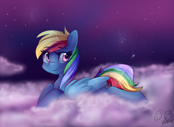 Size: 1024x748 | Tagged: safe, artist:rflzqt, rainbow dash, pegasus, pony, cloud, cloudy, dark, folded wings, looking at you, lying down, night, prone, shiny, smiling, solo, sploot, stars