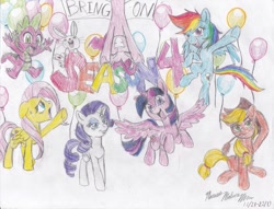 Size: 900x687 | Tagged: safe, artist:semijuggalo, derpibooru import, angel bunny, applejack, fluttershy, pinkie pie, rainbow dash, rarity, spike, twilight sparkle, twilight sparkle (alicorn), alicorn, dragon, earth pony, pegasus, pony, unicorn, balloon, get hype, mane seven, mane six, my body is ready, party, traditional art