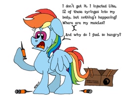Size: 1013x788 | Tagged: safe, artist:dragonboi471, rainbow dash, pegasus, pony, black mesa, box, dark comedy, solo, steroids, syringe, this will end in death, this will end in tears, this will end in tears and/or death