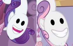 Size: 1330x834 | Tagged: safe, edit, edited screencap, screencap, rarity, sweetie belle, pony, unicorn, cannot unsee, nightmare fuel, not salmon, wat