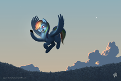 Size: 3000x2000 | Tagged: safe, artist:katputze, derpibooru import, rainbow dash, pegasus, pony, backwards cutie mark, cellphone, cloud, cute, dashabetes, female, flying, mare, multicolored hair, open mouth, phone, selfie, sky, smartphone, solo, spread wings, sunset, uncanny valley, wings