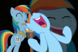 Size: 1605x1080 | Tagged: safe, derpibooru import, rainbow dash, pegasus, pony, laughing, laughing tom cruise, meme, multeity, nose in the air, simple background