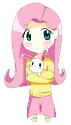 Size: 705x1252 | Tagged: safe, artist:applestems, angel bunny, fluttershy, chibi, clothes, humanized, skirt, sweatershy