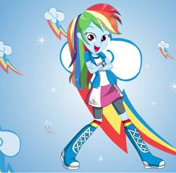 Size: 612x601 | Tagged: safe, artist:kimpossiblelove, derpibooru import, rainbow dash, equestria girls, boots, clothes, compression shorts, crossed arms, cute, cutie mark, female, looking at you, open mouth, skirt, socks, solo, wristband