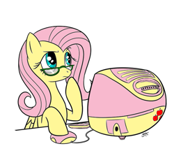 Size: 643x556 | Tagged: safe, artist:sorcerushorserus, artist:tommymocacci, fluttershy, pegasus, pony, apple, colored, computer, computer mouse, flutter thought, food, glasses, imac, imac g3, keyboard, looking up, macintosh, pondering, raised hoof, simple background, solo, white background