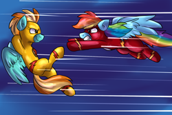 Size: 1536x1028 | Tagged: safe, artist:not-ordinary-pony, derpibooru import, lightning dust, rainbow dash, pegasus, pony, clothes, crossover, flight suit, flying, professor zoom, reverse-flash, the flash