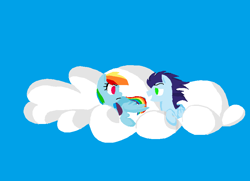 Size: 830x600 | Tagged: safe, artist:liseli20002002, rainbow dash, soarin', pegasus, pony, angry, cloud, female, male, shipping, soarindash, straight