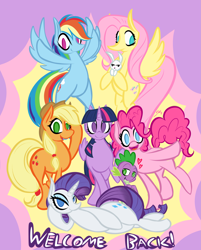 Size: 3353x4165 | Tagged: safe, artist:saliantsunbreeze, derpibooru import, angel bunny, applejack, fluttershy, pinkie pie, rainbow dash, rarity, spike, twilight sparkle, twilight sparkle (alicorn), alicorn, dragon, earth pony, pegasus, pony, unicorn, female, looking at you, mane six, mare