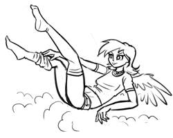 Size: 1000x798 | Tagged: safe, artist:king-kakapo, derpibooru import, rainbow dash, human, clothes, cloud, feet, humanized, midriff, monochrome, short shirt, sketch, socks, solo, winged humanization, wings