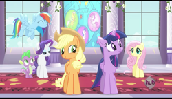 Size: 818x471 | Tagged: safe, derpibooru import, screencap, applejack, fluttershy, pinkie pie, rainbow dash, rarity, spike, twilight sparkle, twilight sparkle (alicorn), alicorn, dragon, earth pony, pegasus, pony, unicorn, princess twilight sparkle (episode), season 4, female, mane six, mare