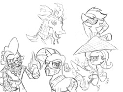 Size: 863x646 | Tagged: safe, artist:php63, derpibooru import, discord, rainbow dash, rarity, spike, draconequus, dragon, pegasus, pony, unicorn, coolie hat, johnny cage, monochrome, mortal kombat, raiden, scorpion (mortal kombat), shinnok, sketch