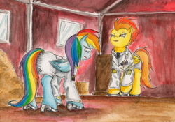 Size: 2112x1475 | Tagged: safe, artist:souleatersaku90, rainbow dash, spitfire, pegasus, pony, clothes, crying, fanfic, fanfic art, high heels, humiliation, smirk, the simple life, uniform