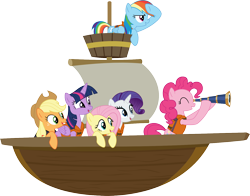 Size: 1500x1173 | Tagged: safe, artist:jeatz-axl, derpibooru import, applejack, fluttershy, pinkie pie, rainbow dash, rarity, twilight sparkle, twilight sparkle (alicorn), alicorn, earth pony, pegasus, pony, unicorn, all bottled up, best friends until the end of time, binoculars, boat, lifejacket, mane six, sailboat of friendship, simple background, transparent background, vector