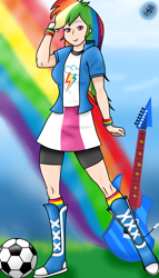 Size: 1000x1747 | Tagged: safe, artist:liniitadash23, derpibooru import, rainbow dash, human, equestria girls, boots, bracelet, clothes, electric guitar, football, guitar, human coloration, jewelry, looking at you, multicolored hair, rainbow, smiling, socks, solo, standing, wristband