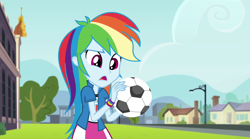 Size: 1280x714 | Tagged: safe, derpibooru import, screencap, rainbow dash, equestria girls, rainbow rocks, ball, canterlot high, clothes, female, football, mountain, open mouth, scenery, skirt, solo, streetlight, tree, wristband