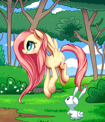 Size: 2000x2317 | Tagged: safe, artist:cartoonboyplz, angel bunny, fluttershy, pegasus, pony, blushing, bush, cute, duo, female, flower, flying, high res, mare, profile, shyabetes, tree