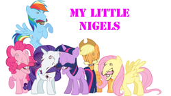 Size: 680x383 | Tagged: safe, derpibooru import, applejack, fluttershy, pinkie pie, rainbow dash, rarity, twilight sparkle, earth pony, pegasus, pony, unicorn, flying, mane six, meme, my little x, nigel thornberry, nightmare fuel, raised hoof, simple background, smashing (meme), wat, white background