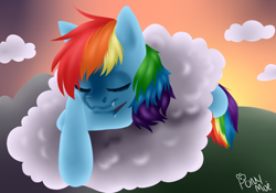 Size: 750x525 | Tagged: safe, artist:lexieskye, rainbow dash, pegasus, pony, cloud, cloudy, sleeping, solo