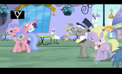 Size: 1231x750 | Tagged: safe, screencap, caesar, lyrica lilac, opalescence, orion, pish posh, rarity, royal ribbon, shooting star (character), silver frames, pony, unicorn, sweet and elite, count caesar, hat, hub logo, low quality, monocle and top hat, tv rating