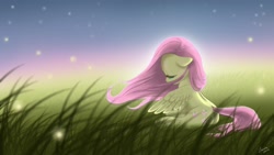 Size: 1920x1080 | Tagged: safe, artist:feather-ponyart, fluttershy, firefly (insect), pegasus, pony, female, floppy ears, grass, lidded eyes, looking down, mare, outdoors, sitting, solo, spread wings, stray strand, windswept mane, wings