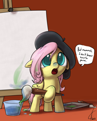 Size: 1600x2000 | Tagged: safe, artist:valcron, fluttershy, pegasus, pony, cute, female, filly, hat, open mouth, paint, paint on fur, paintbrush, shyabetes, solo, younger