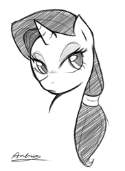 Size: 798x1094 | Tagged: safe, artist:ambris, rarity, pony, unicorn, bust, grayscale, monochrome, ponytail, portrait, solo