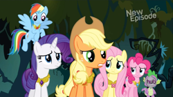 Size: 1366x768 | Tagged: safe, derpibooru import, screencap, applejack, fluttershy, pinkie pie, rainbow dash, rarity, spike, dragon, earth pony, pegasus, pony, unicorn, princess twilight sparkle (episode), elements of harmony, hub logo, the hub