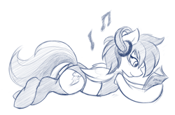 Size: 1280x840 | Tagged: safe, artist:ambris, rainbow dash, pegasus, pony, clothes, headphones, monochrome, sketch, socks, solo