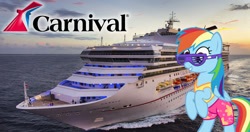 Size: 870x460 | Tagged: safe, derpibooru import, rainbow dash, pegasus, pony, bipedal, carnival, carnival cruise line, cruise, equestria daily, ocean, sunglasses, swimming trunks