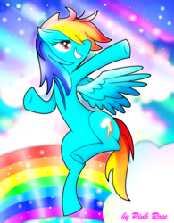 Size: 1024x1310 | Tagged: safe, artist:pinkrose2001, rainbow dash, pegasus, pony, cloud, cloudy, flying, rainbow, solo