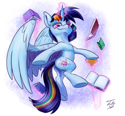 Size: 900x833 | Tagged: safe, artist:tsitra360, derpibooru import, rainbow dash, twilight sparkle, twilight sparkle (alicorn), alicorn, pony, book, female, fusion, levitation, looking at you, looking down, magic, solo, telekinesis