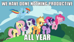 Size: 476x268 | Tagged: safe, derpibooru import, edit, edited screencap, screencap, applejack, fluttershy, pinkie pie, rainbow dash, rarity, twilight sparkle, twilight sparkle (alicorn), alicorn, earth pony, pegasus, pony, unicorn, all bottled up, animated, autumn, best friends until the end of time, caption, clothes, cute, female, flying, four seasons, gif, gif with captions, grin, hat, i have done nothing productive all day, image macro, mane six, mare, meme, open mouth, perfect loop, pronking, raised hoof, raised leg, scarf, smiling, spring, summer, sunglasses, talking, trotting, winter
