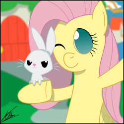 Size: 1080x1080 | Tagged: safe, artist:thedeseasedcow, angel bunny, fluttershy, pegasus, pony, female, mare, selfie